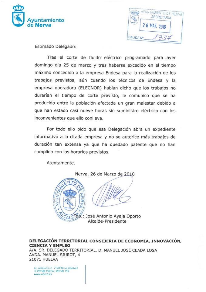 El Ayuntamiento de Nerva pide a la Junta que expediente a Endesa
