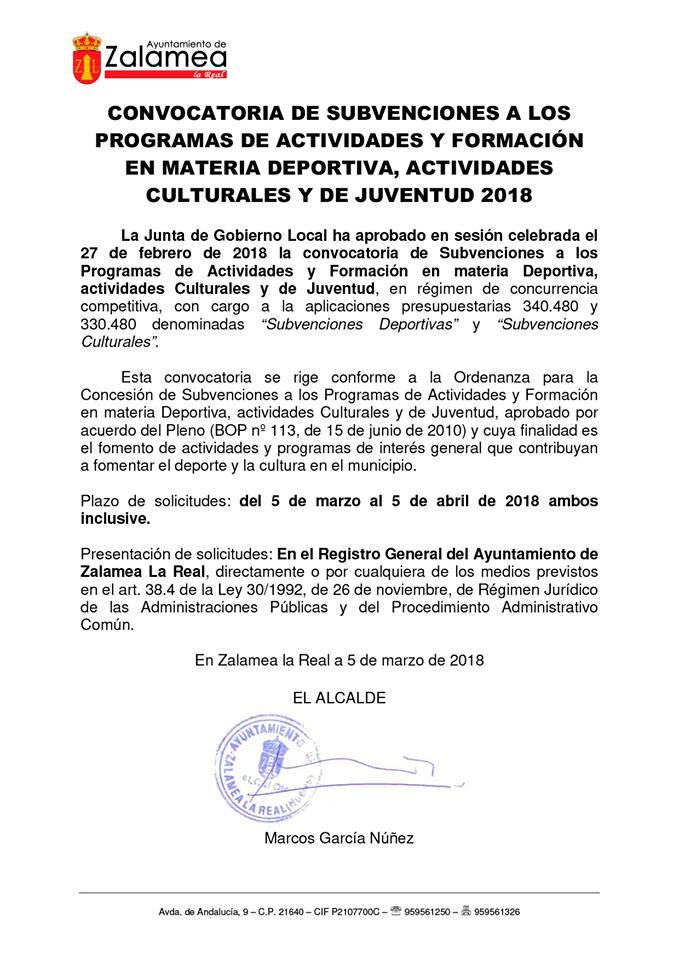Convocan subvenciones para actividades culturales y deportivas en Zalamea