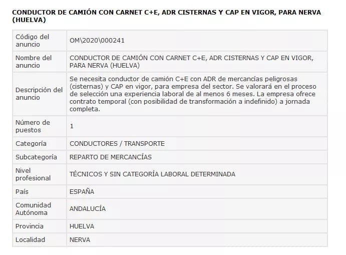 Ofrecen un empleo de conductor en Nerva