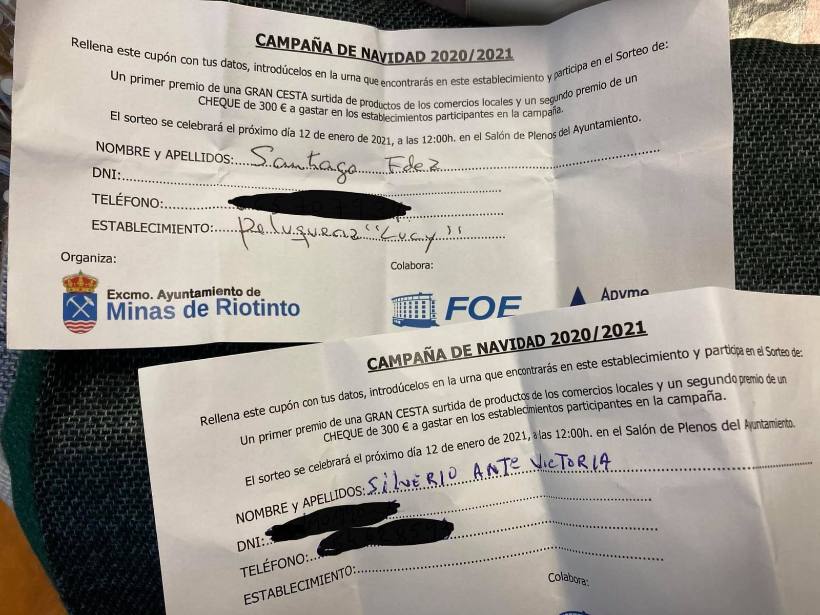 Santiago Fernández y Silverio Antonio Victoria se llevan los premios de la cesta navideña de Riotinto