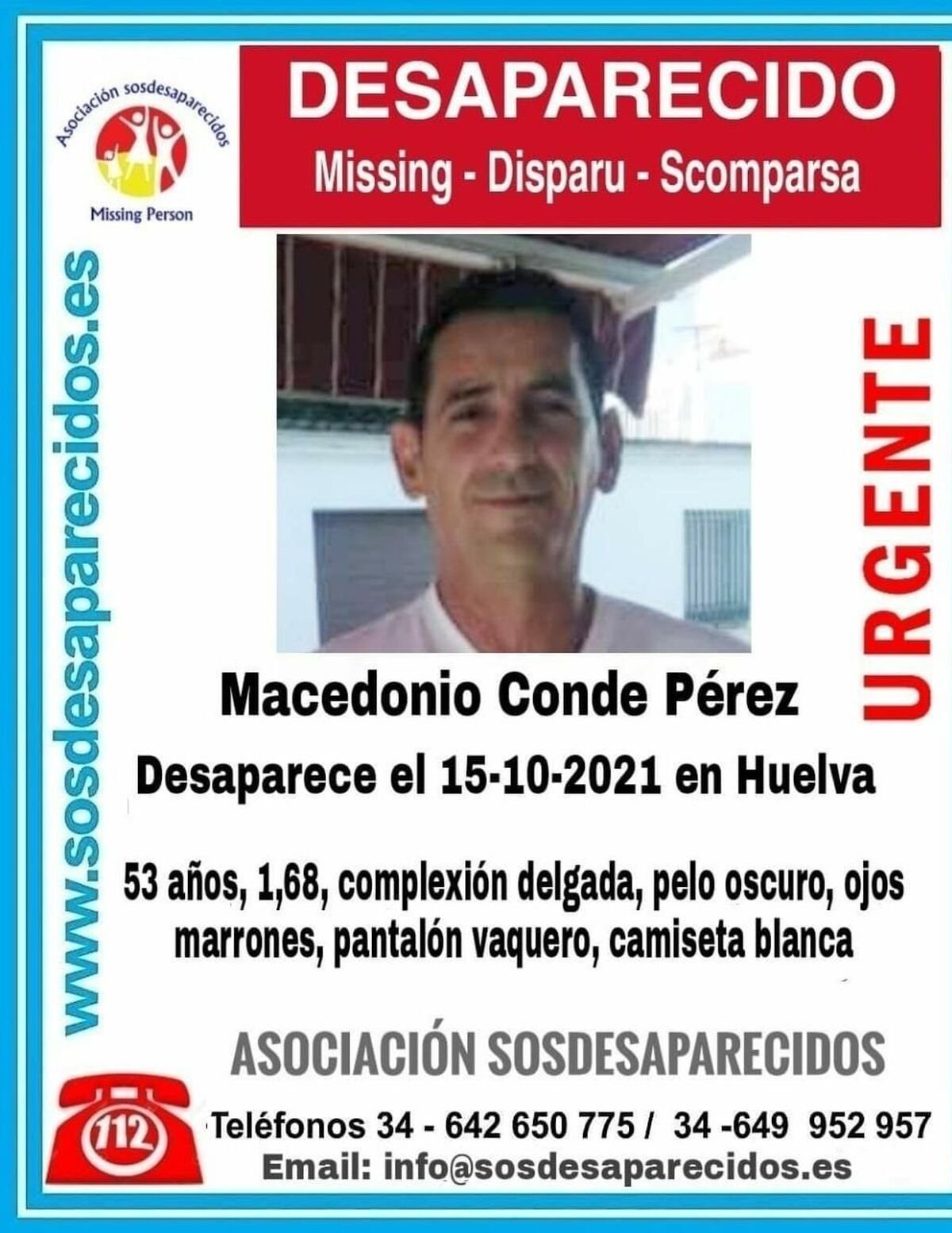 Buscan a Macedonio Conde, desaparecido en Huelva hace 23 días